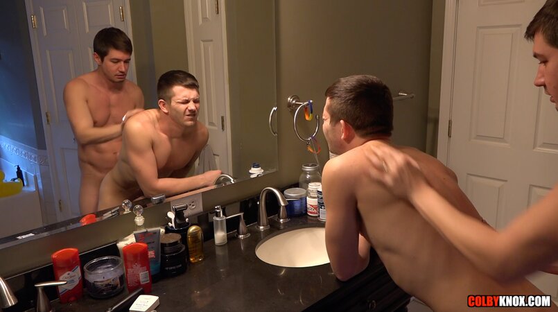 Colby Chambers plows Mickey Knox over the bathroom counter bareback