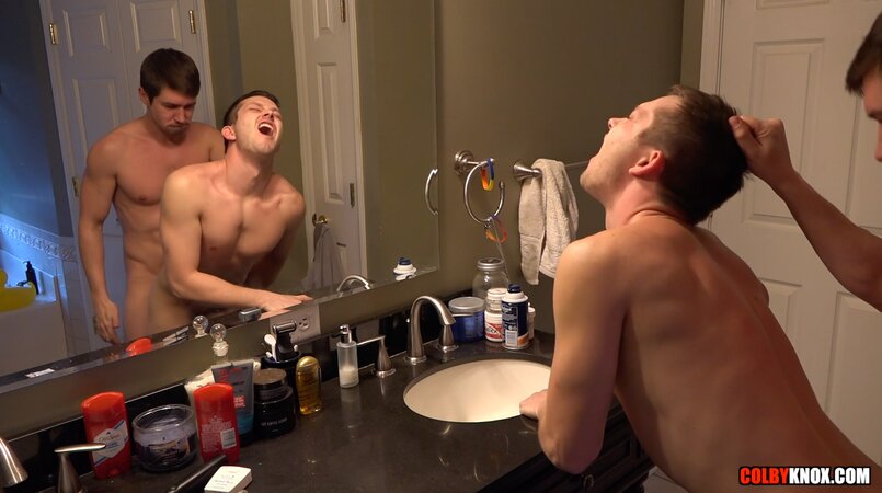 Colby Chambers plows Mickey Knox over the bathroom counter bareback