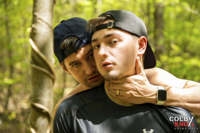 Colby Chambers fucks baseball stud Masyn Thorne against a tree in the woods
