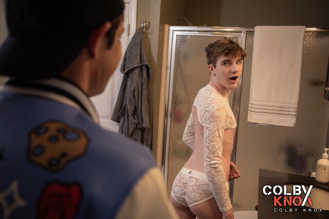 Mickey Knox catches Nicholas Michaels in lingerie for a bathroom fuck