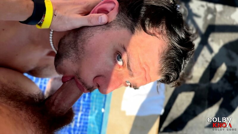 Colby Chambers and Teddy take turns pounding Sebastian by the pool