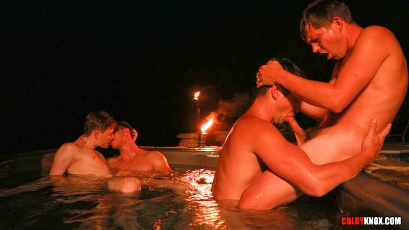 Colby Chambers and Mickey Knox host Ethan Adams and Finn August in a hot tub