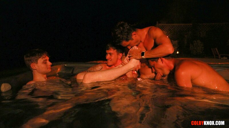 Colby Chambers and Mickey Knox host Ethan Adams and Finn August in a hot tub