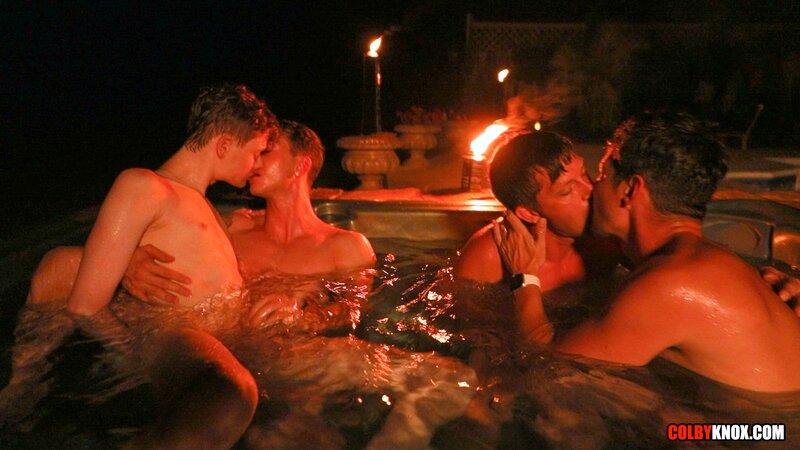 Colby Chambers and Mickey Knox host Ethan Adams and Finn August in a hot tub
