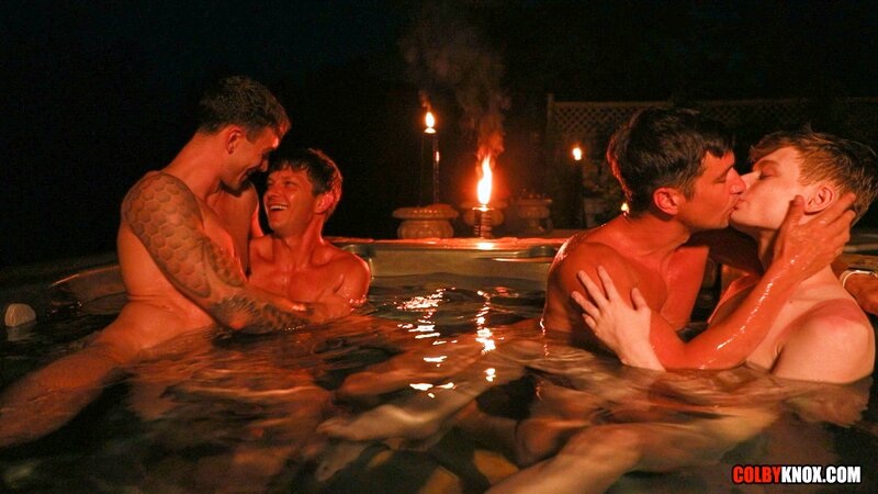Colby Chambers and Mickey Knox host Ethan Adams and Finn August in a hot tub