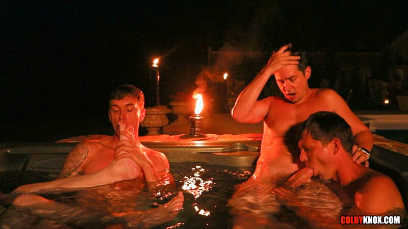 Colby Chambers and Mickey Knox host Ethan Adams and Finn August in a hot tub