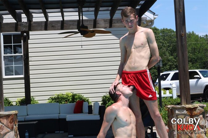 Pool boy Cameron Taylor takes Mickey Knox for a rough ride in the water