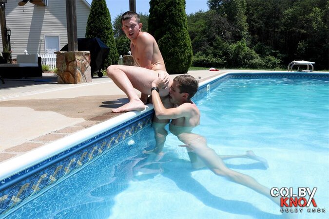 Pool boy Cameron Taylor takes Mickey Knox for a rough ride in the water