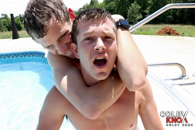 Pool boy Cameron Taylor takes Mickey Knox for a rough ride in the water