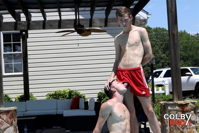 Pool boy Cameron Taylor takes Mickey Knox for a rough ride in the water