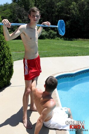 Pool boy Cameron Taylor takes Mickey Knox for a rough ride in the water