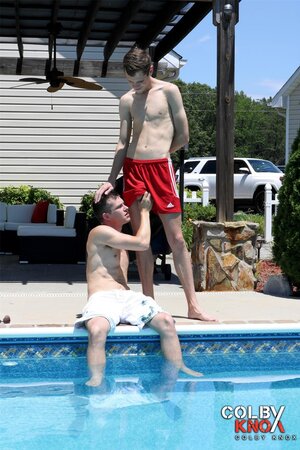 Pool boy Cameron Taylor takes Mickey Knox for a rough ride in the water