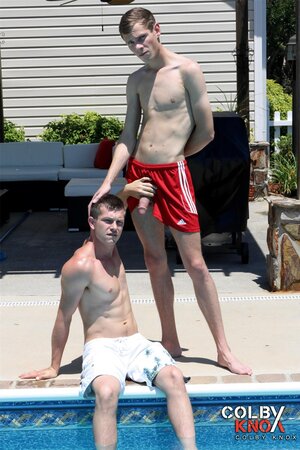 Pool boy Cameron Taylor takes Mickey Knox for a rough ride in the water