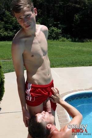 Pool boy Cameron Taylor takes Mickey Knox for a rough ride in the water