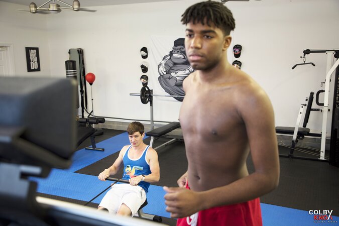 Colby Chambers barebangs muscular jock Kylan Kain in a gym session