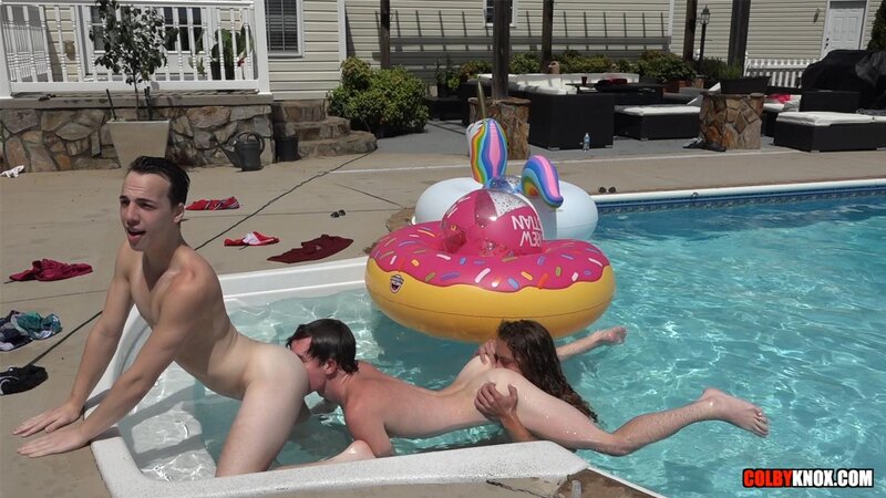 Colby Chambers and Mickey Knox enjoy a butt buffet at a pool party
