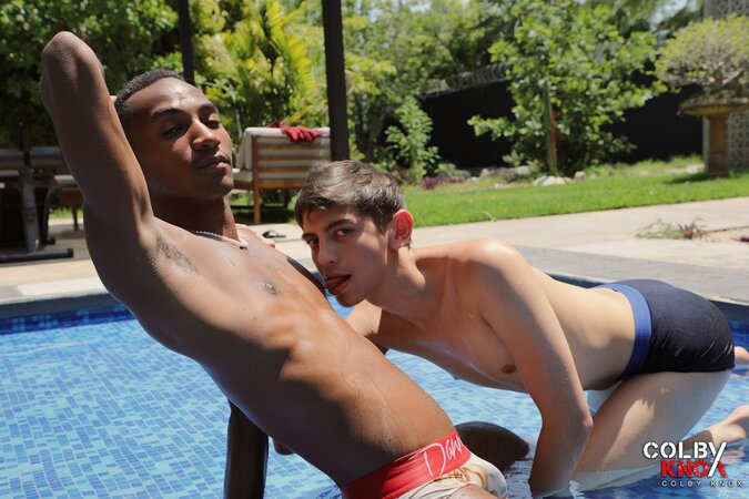 Kai takes Dave Mitchell from poolside kissing to a deep interracial bareback ride
