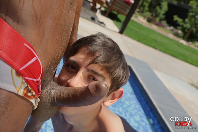 Kai takes Dave Mitchell from poolside kissing to a deep interracial bareback ride