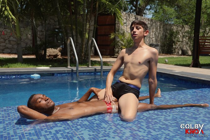 Kai takes Dave Mitchell from poolside kissing to a deep interracial bareback ride