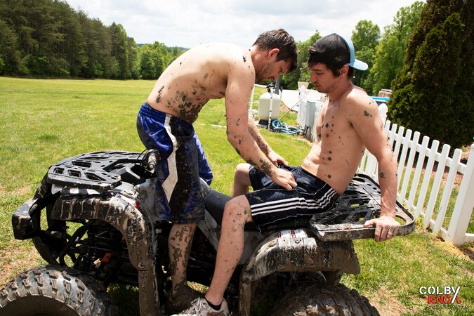 Colby Chambers and Mickey Knox get covered in mud for a wild outdoor session