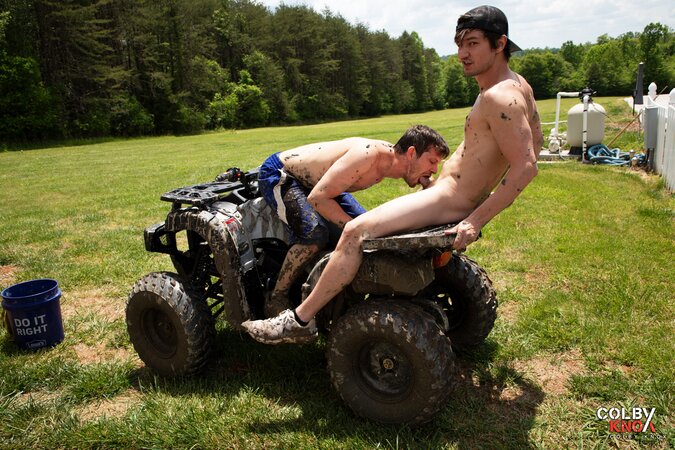 Colby Chambers and Mickey Knox get covered in mud for a wild outdoor session