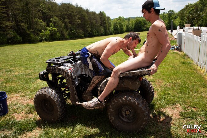 Colby Chambers and Mickey Knox get covered in mud for a wild outdoor session