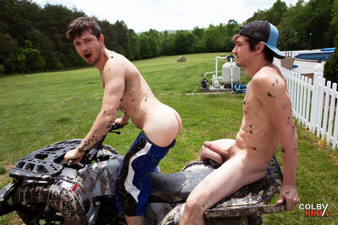 Colby Chambers and Mickey Knox get covered in mud for a wild outdoor session