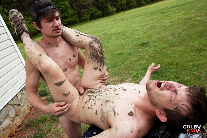 Colby Chambers and Mickey Knox get covered in mud for a wild outdoor session