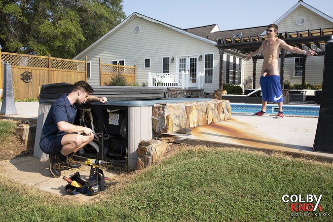 Colby Chambers distracts repairman Drew Dixon and turns a poolside fix into hard sex