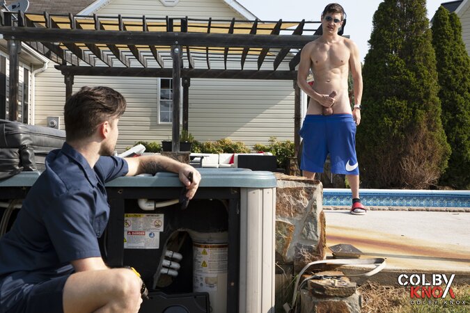 Colby Chambers distracts repairman Drew Dixon and turns a poolside fix into hard sex