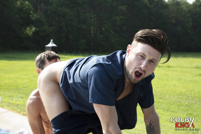 Colby Chambers distracts repairman Drew Dixon and turns a poolside fix into hard sex