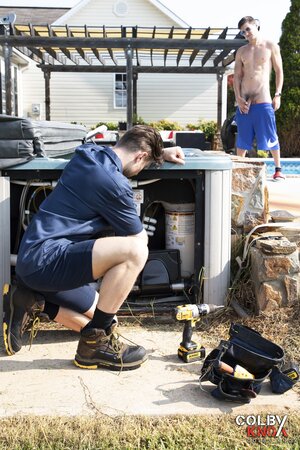 Colby Chambers distracts repairman Drew Dixon and turns a poolside fix into hard sex