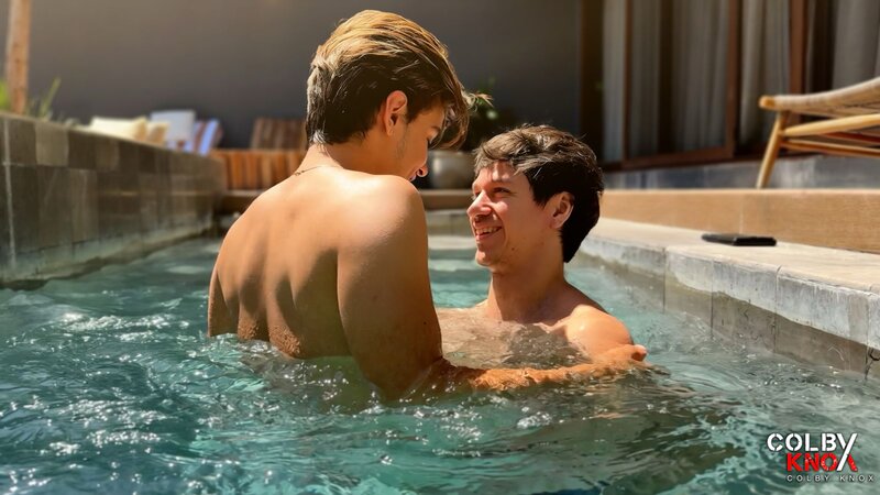 Colby Chambers catches Flynn Bolt and Dakota Wonders by the pool and joins them