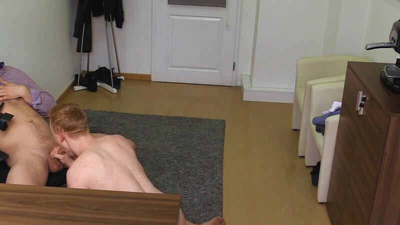A shy ginger job seeker gets tested with a red dildo in the office