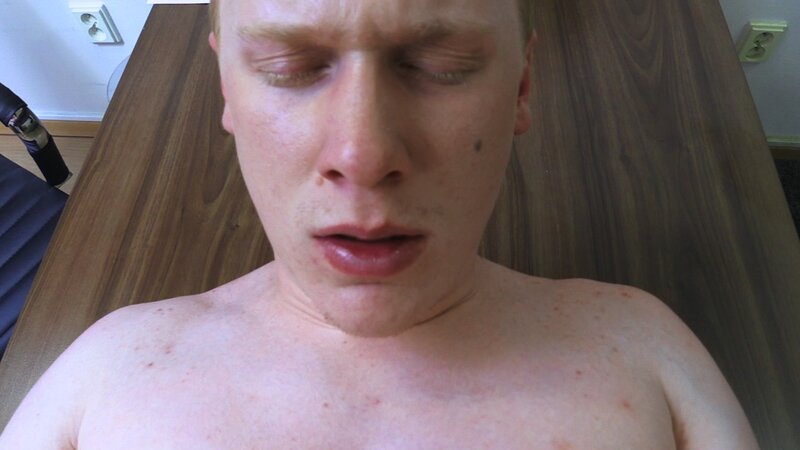 A shy ginger job seeker gets tested with a red dildo in the office