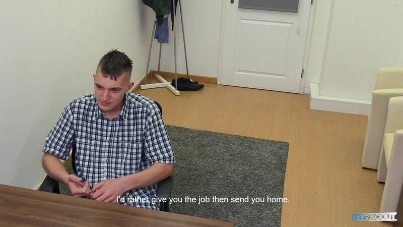 A broke warehouse applicant takes a deep blowjob and face facial in office