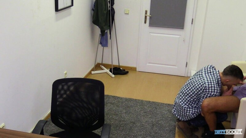A broke warehouse applicant takes a deep blowjob and face facial in office