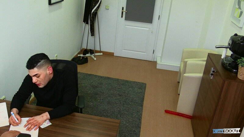 A tattooed barber applicant gets his shaved ass pounded in the office