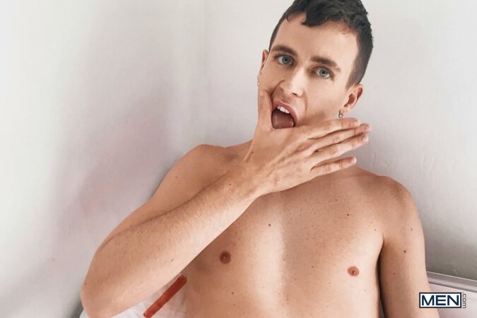 Cute twink Cain strokes his hard cock through his briefs in a solo