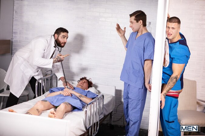 Clark Delgaty and Benjamin Blue sneak a quick hospital glory hole fuck