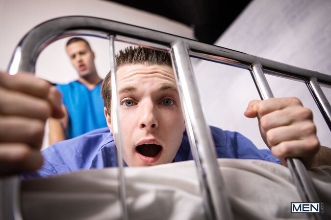 Clark Delgaty and Benjamin Blue sneak a quick hospital glory hole fuck
