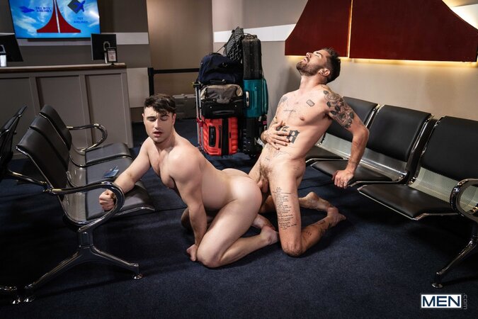 Michael Boston and Chris Damned sneak off for a public airport fuck session