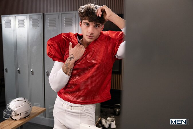 Coach Ed Steel pulls quarterback Leo Levine into his office for sex