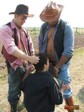 Fancy guy gets his throat and ass stretched by gay cowboys