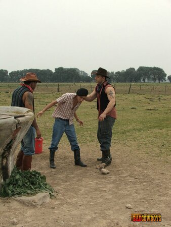 Guy taking black and white cowboys` cocks