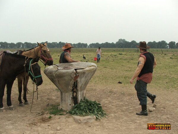 Cute young traveler DPed by two gay cowboys