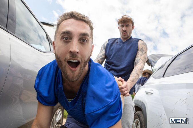 Evan Jordie spots Adam Banks teasing at the tailgate and takes him behind the grill