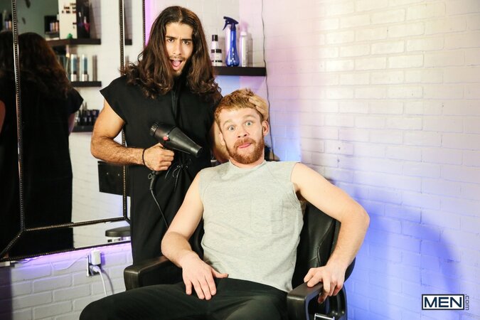 Diego Sans gives scruffy redheaded gardener Calhoun Sawyer a sexy makeover