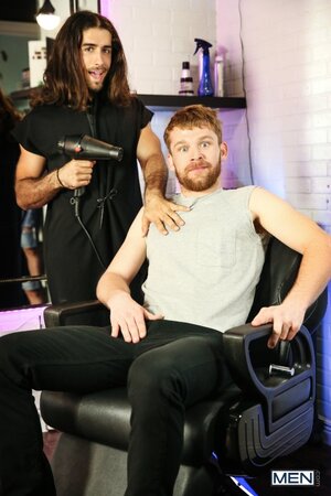 Diego Sans gives scruffy redheaded gardener Calhoun Sawyer a sexy makeover
