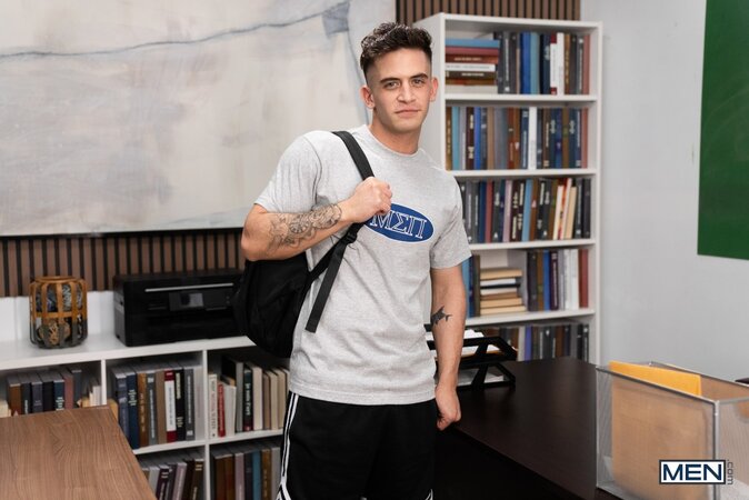 Trevor Brooks gets caught with his dildo out by handsome professor Ken Rock